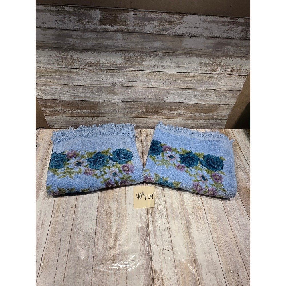 2 Vintage Pequot Blue Floral Bath Towels Rose Fringe 40x24 Cotton Lazy Daisy